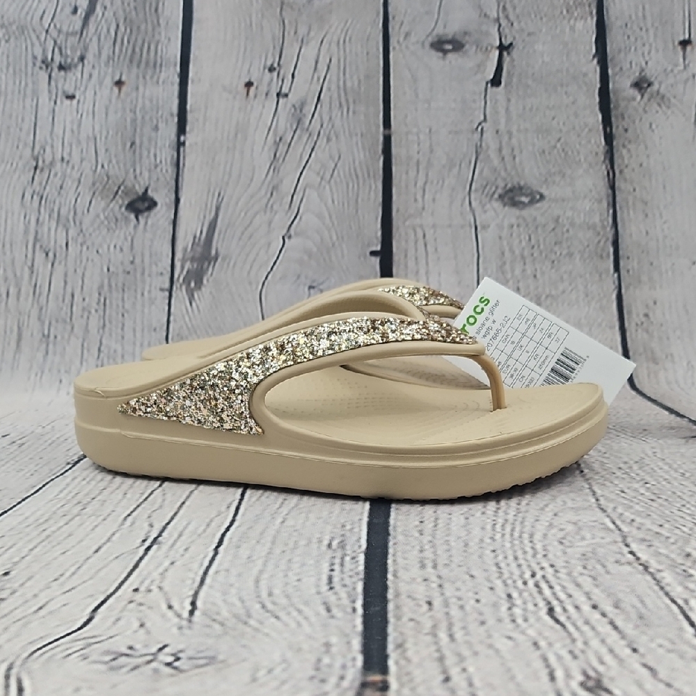Crocs Sloane Glitter Women's Beige Thong Flip Flop Sandals Size 8